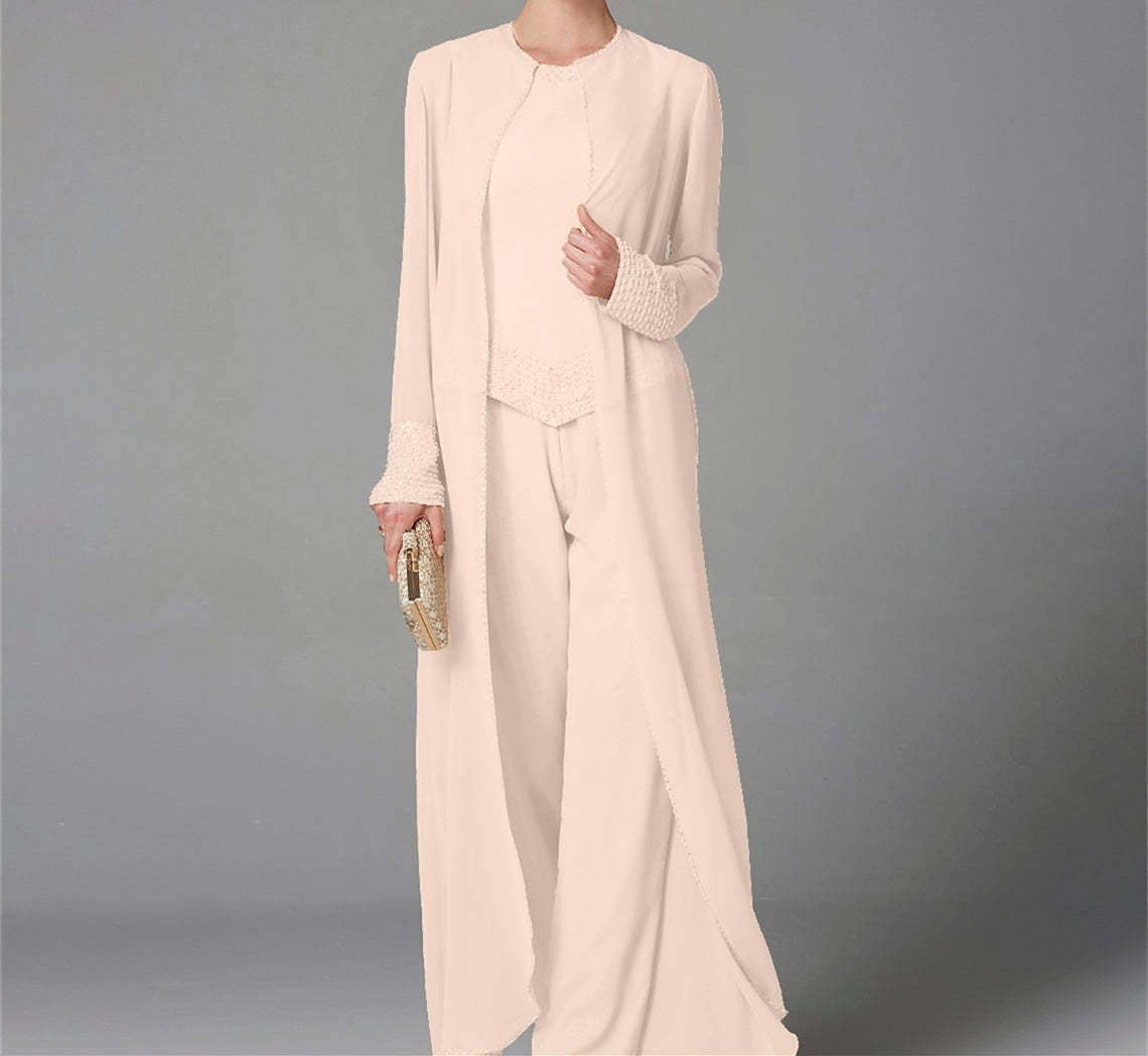 Long-Sleeve Chiffon Mother of the Bride Pantsuit with Jacket and Sequins