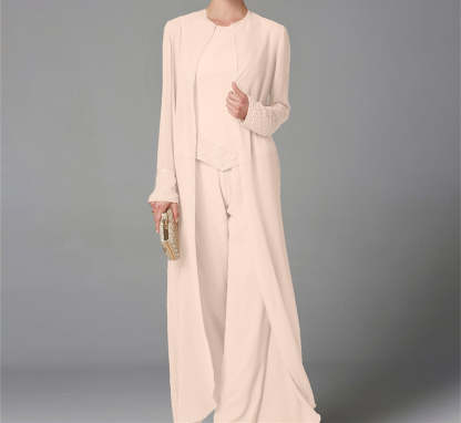 Long-Sleeve Chiffon Mother of the Bride Pantsuit with Jacket and Sequins