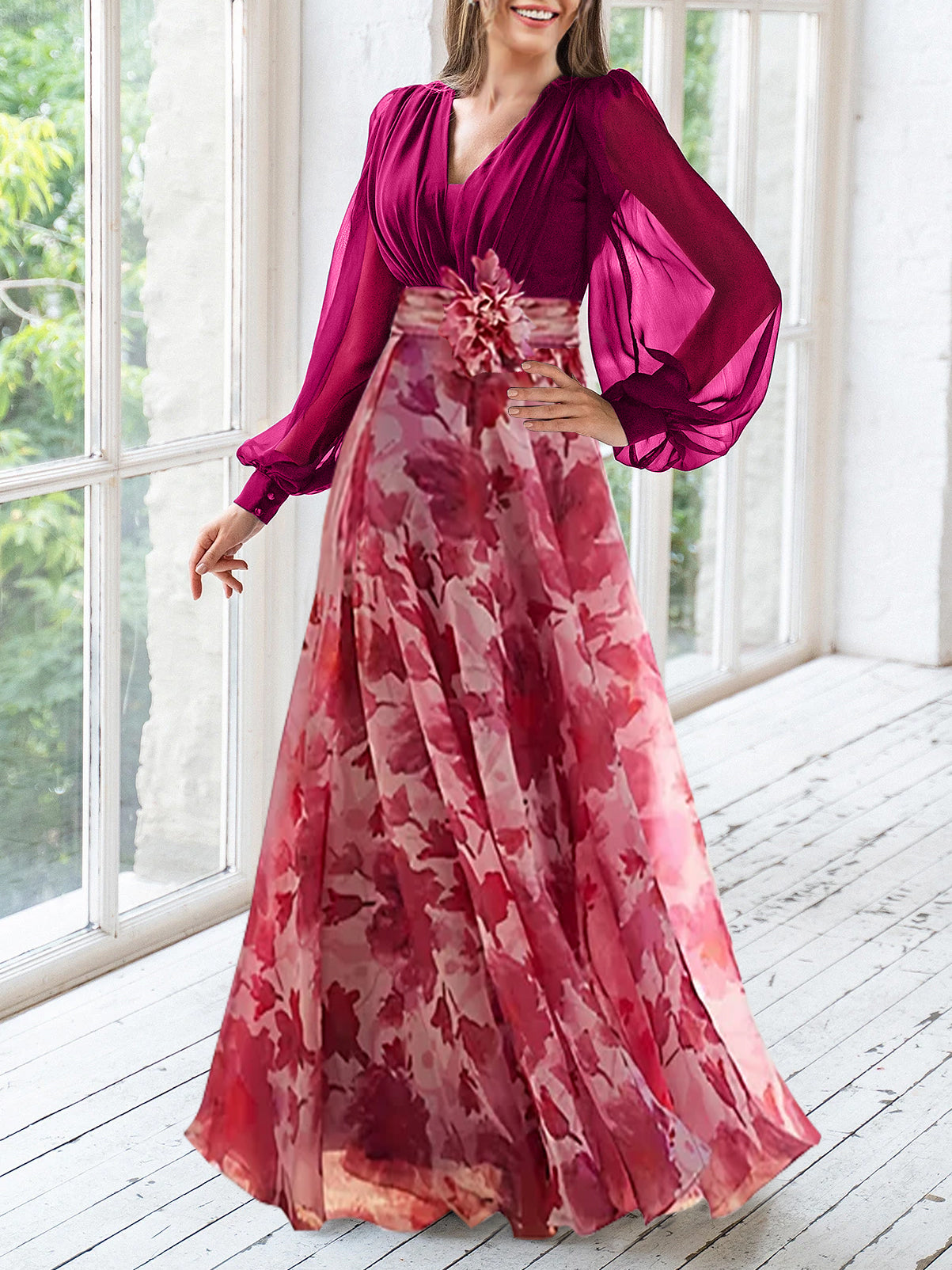 Floral Plus Size Mother of the Bride Dress with V-Neck and Long Sleeves