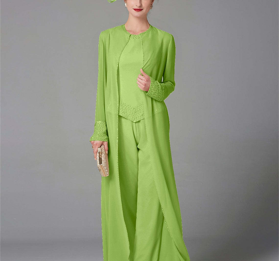 Long-Sleeve Chiffon Mother of the Bride Pantsuit with Jacket and Sequins
