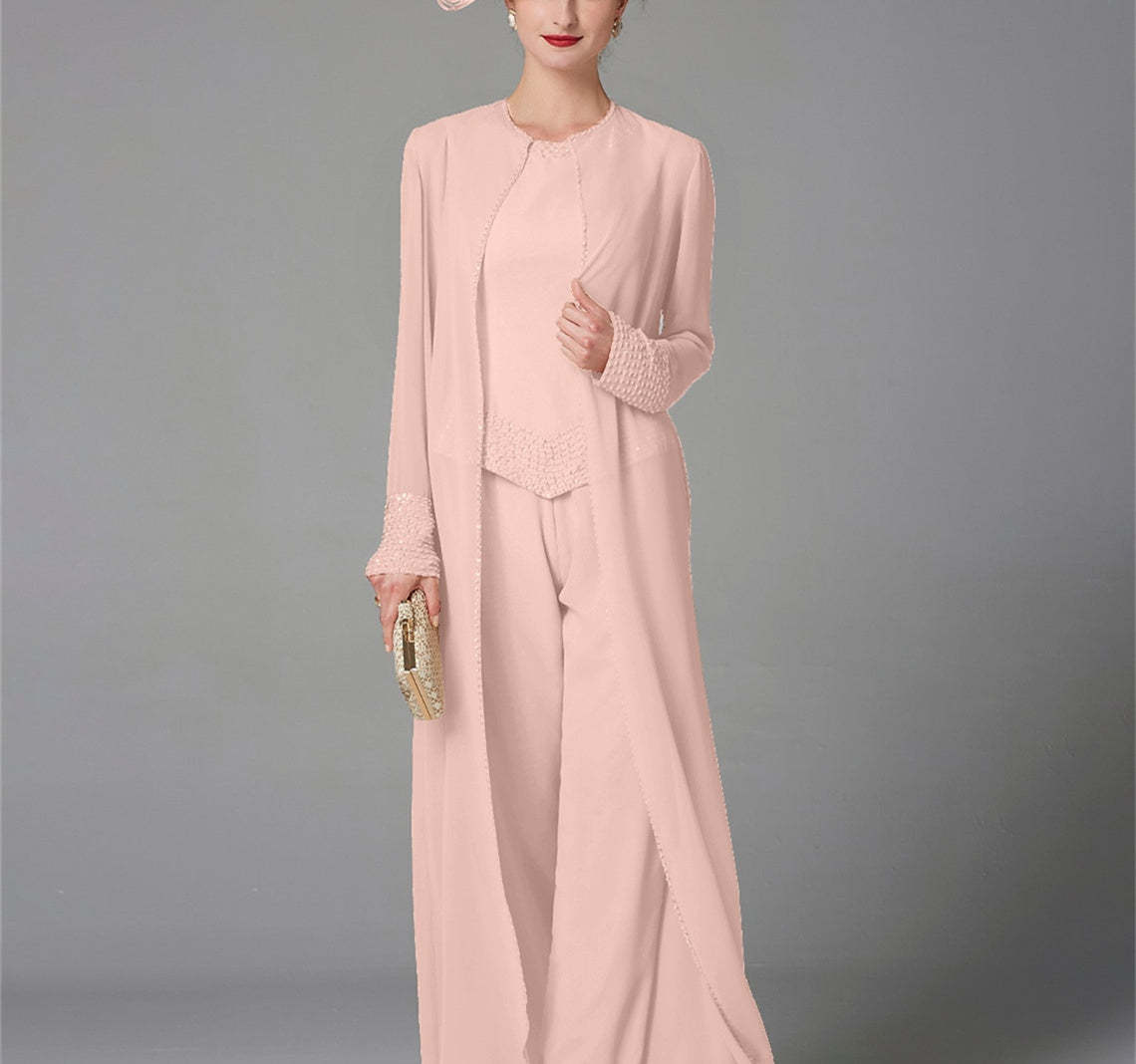 Long-Sleeve Chiffon Mother of the Bride Pantsuit with Jacket and Sequins