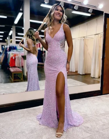 Long Lilac Sequined Prom Dress with V Neck and Front Slit