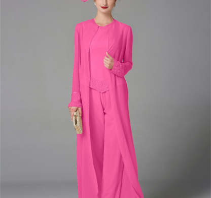 Long-Sleeve Chiffon Mother of the Bride Pantsuit with Jacket and Sequins