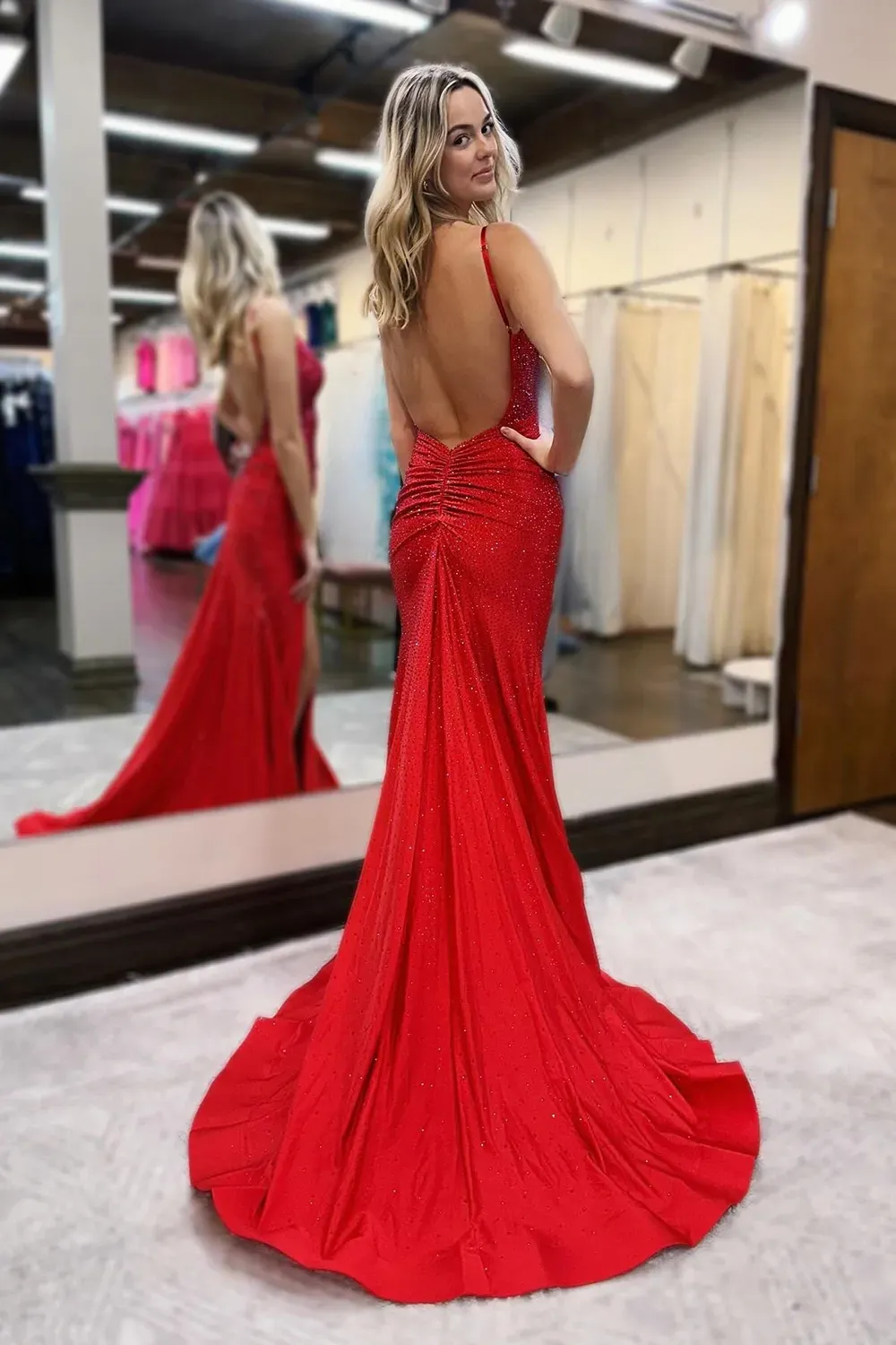 Long V-Neck Prom Dress in Sparkly Light Blue with Beaded Mermaid Cut and Slit