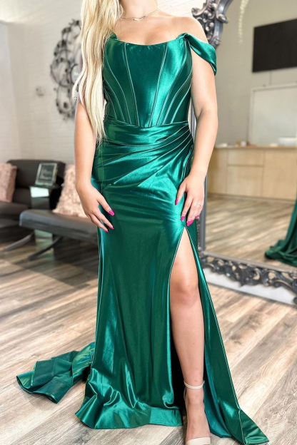 Satin Dark Green Mermaid Corset Prom Dress with Ruched Off-Shoulder Neckline and Slit