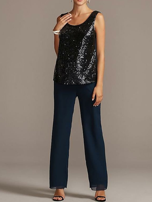 Mother of the Bride Scoop Neck Pantsuits in Chiffon