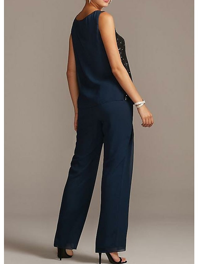 Mother of the Bride Scoop Neck Pantsuits in Chiffon