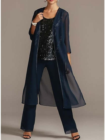 Mother of the Bride Scoop Neck Pantsuits in Chiffon