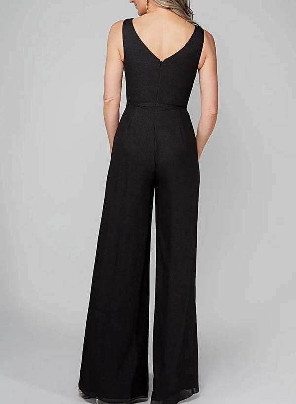 Chiffon Mother of the Bride Pantsuits with Scoop Neck and Half Sleeves