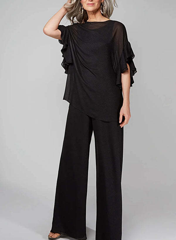 Chiffon Mother of the Bride Pantsuits with Scoop Neck and Half Sleeves