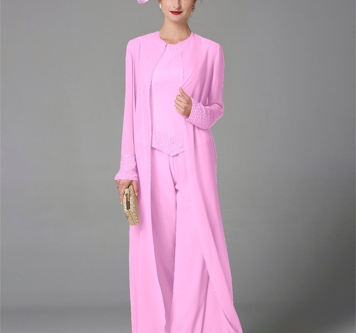 Long-Sleeve Chiffon Mother of the Bride Pantsuit with Jacket and Sequins