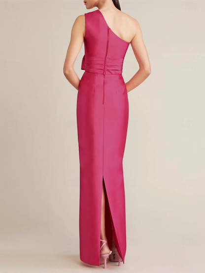 One-Shoulder Sleeveless Satin Wedding Guest Dress with Bow(s) and Pocket