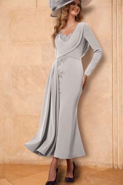 Ankle-Length Mother of the Bride Column Dress with Long Sleeves