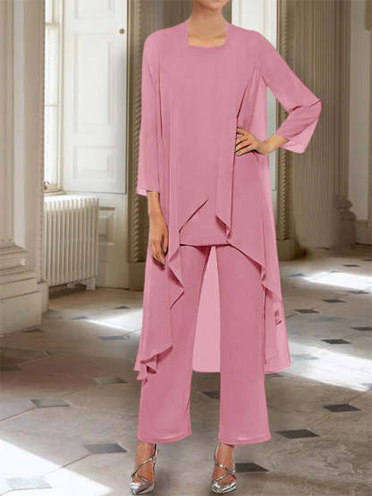 Ankle-Length Mother of the Bride Pantsuits with Jacket in Chiffon Round Neck and 3/4 Sleeves