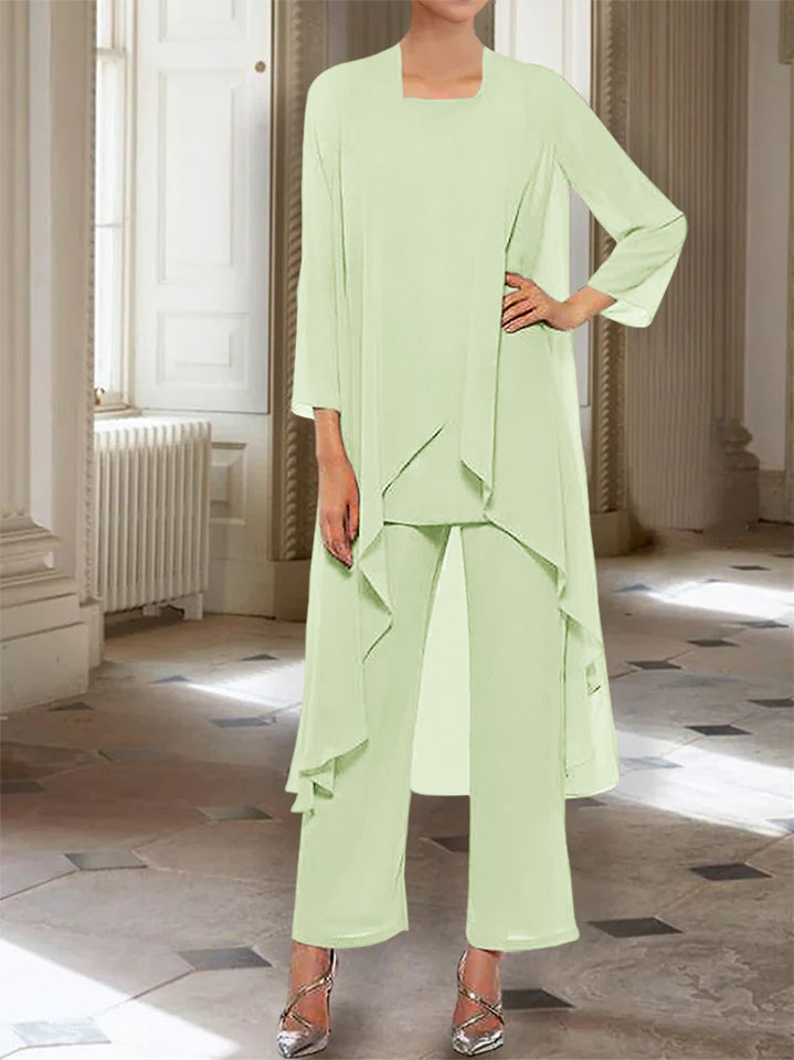 Ankle-Length Mother of the Bride Pantsuits with Jacket in Chiffon Round Neck and 3/4 Sleeves