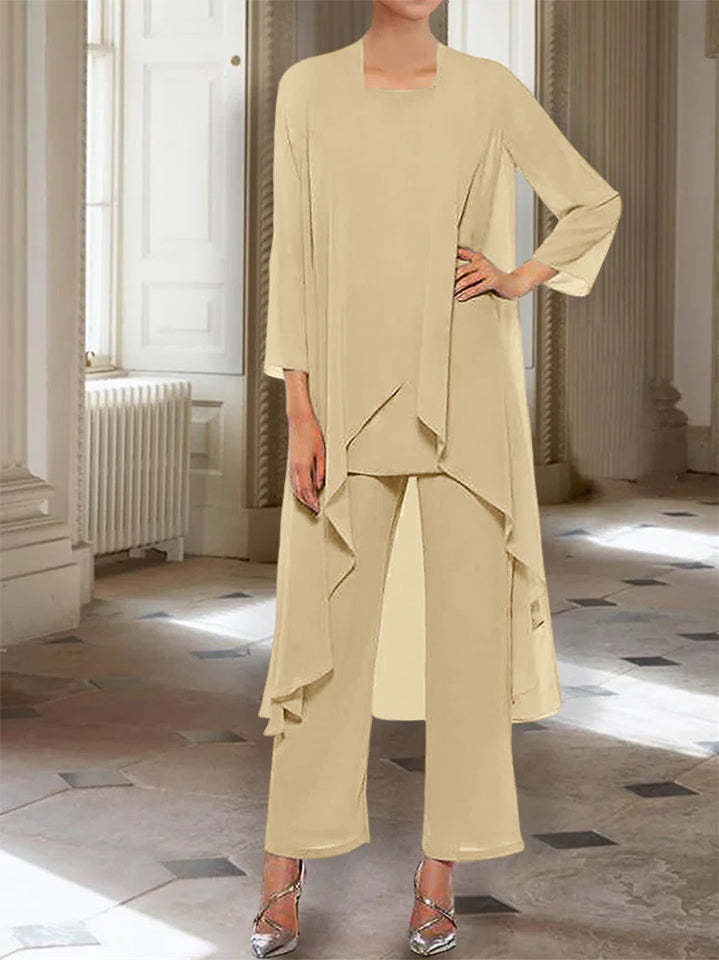 Ankle-Length Mother of the Bride Pantsuits with Jacket in Chiffon Round Neck and 3/4 Sleeves