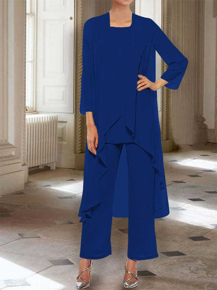 Ankle-Length Mother of the Bride Pantsuits with Jacket in Chiffon Round Neck and 3/4 Sleeves