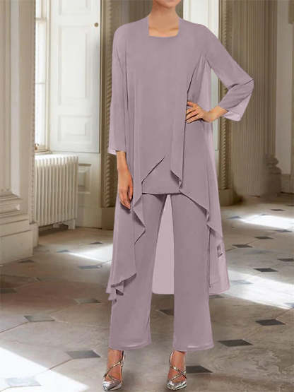 Ankle-Length Mother of the Bride Pantsuits with Jacket in Chiffon Round Neck and 3/4 Sleeves