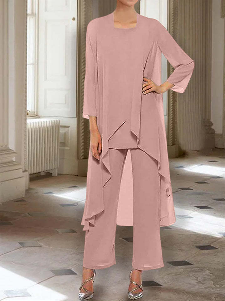 Ankle-Length Mother of the Bride Pantsuits with Jacket in Chiffon Round Neck and 3/4 Sleeves