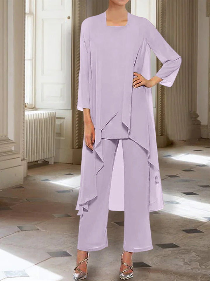 Ankle-Length Mother of the Bride Pantsuits with Jacket in Chiffon Round Neck and 3/4 Sleeves