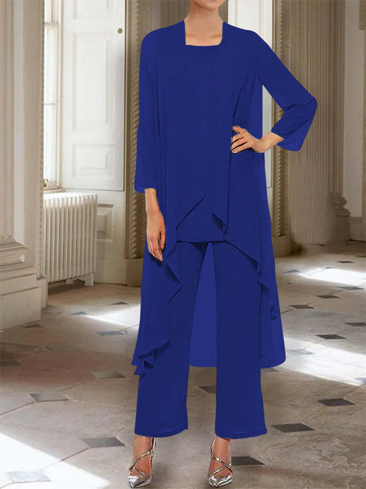 Ankle-Length Mother of the Bride Pantsuits with Jacket in Chiffon Round Neck and 3/4 Sleeves