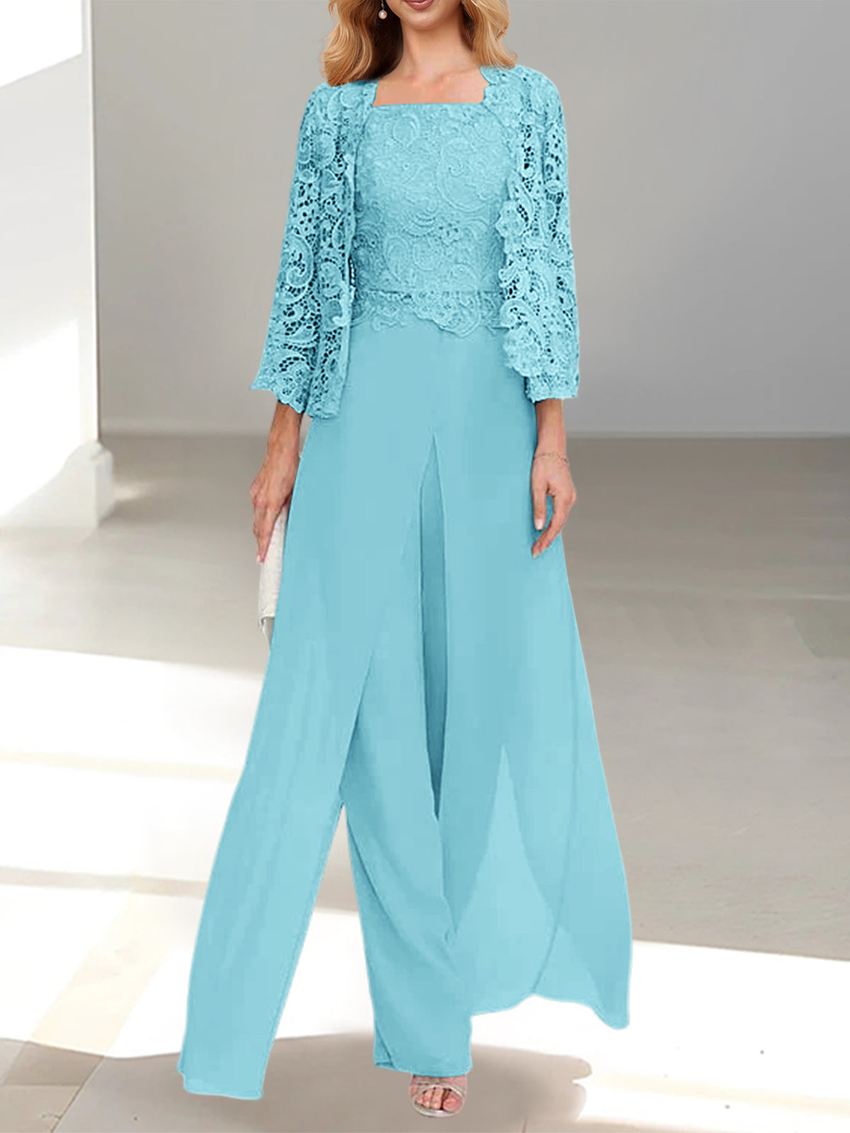 Floor-Length Square Neck Chiffon Mother of the Bride Pantsuit with Jacket & Side Split