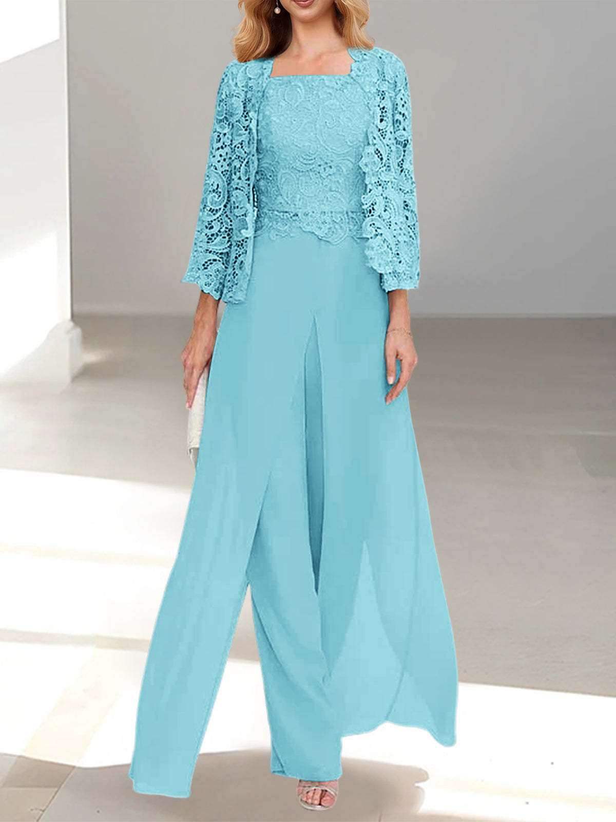 Floor-Length Square Neck Chiffon Mother of the Bride Pantsuit with Jacket & Side Split