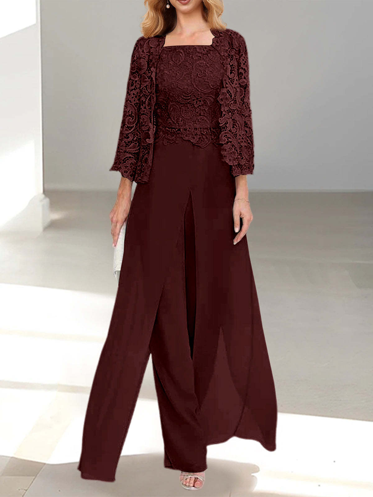 Floor-Length Square Neck Chiffon Mother of the Bride Pantsuit with Jacket & Side Split