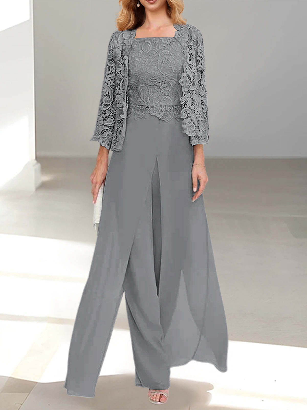 Floor-Length Square Neck Chiffon Mother of the Bride Pantsuit with Jacket & Side Split