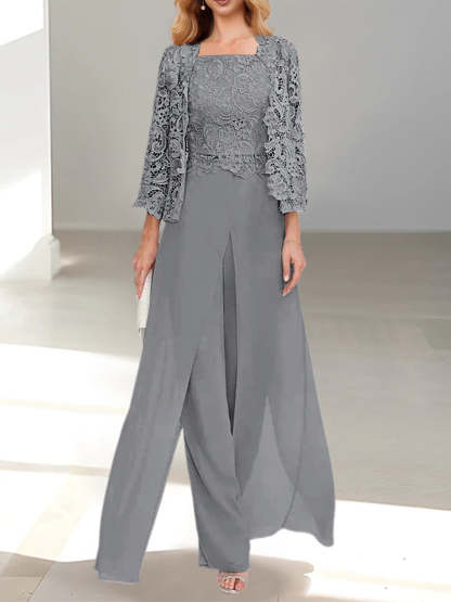 Floor-Length Square Neck Chiffon Mother of the Bride Pantsuit with Jacket & Side Split