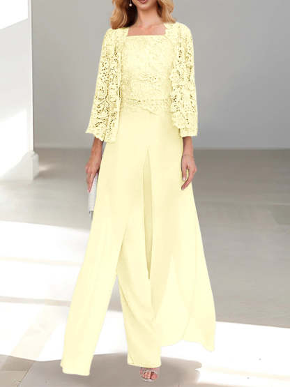 Floor-Length Square Neck Chiffon Mother of the Bride Pantsuit with Jacket & Side Split