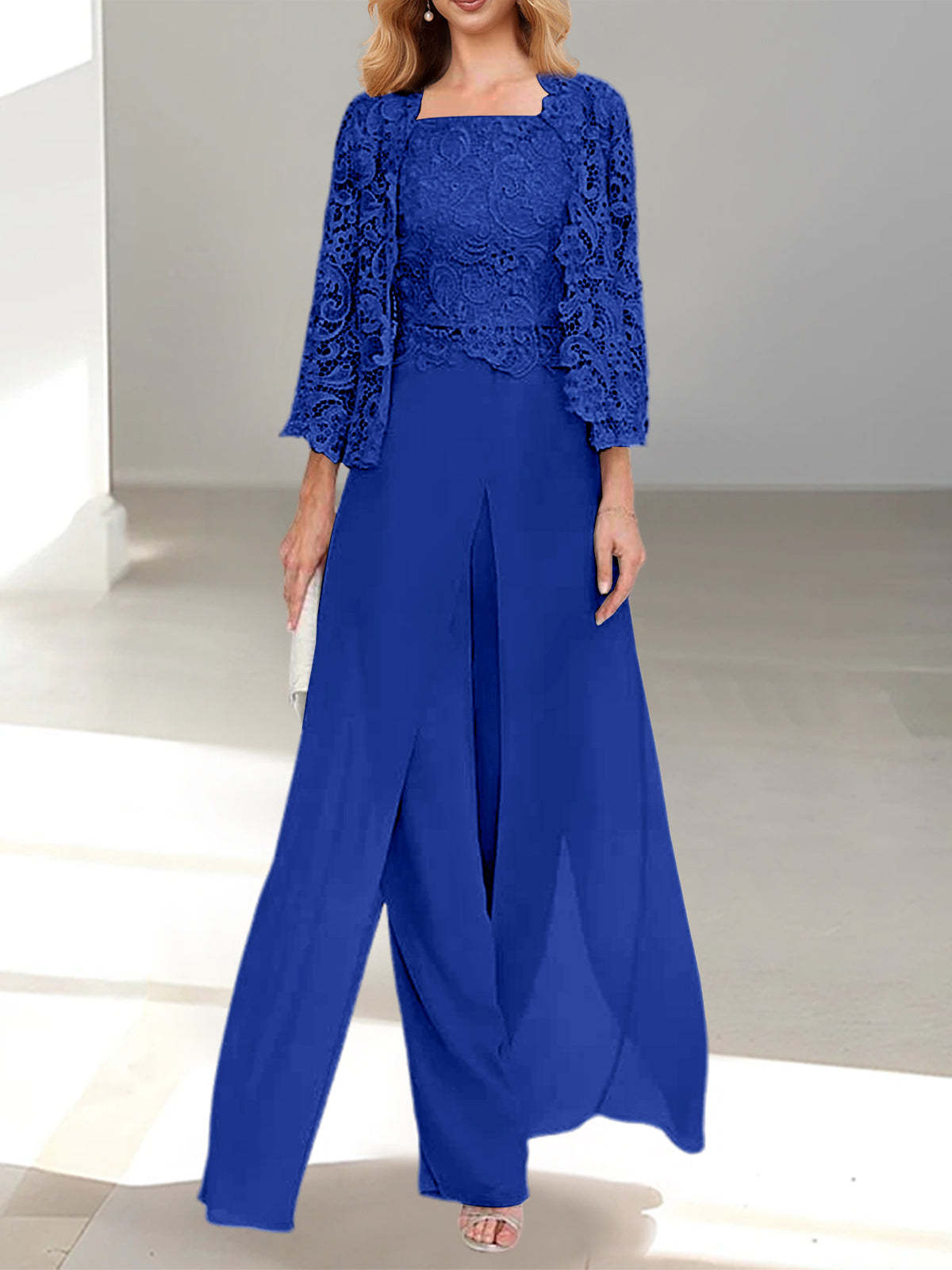 Floor-Length Square Neck Chiffon Mother of the Bride Pantsuit with Jacket & Side Split