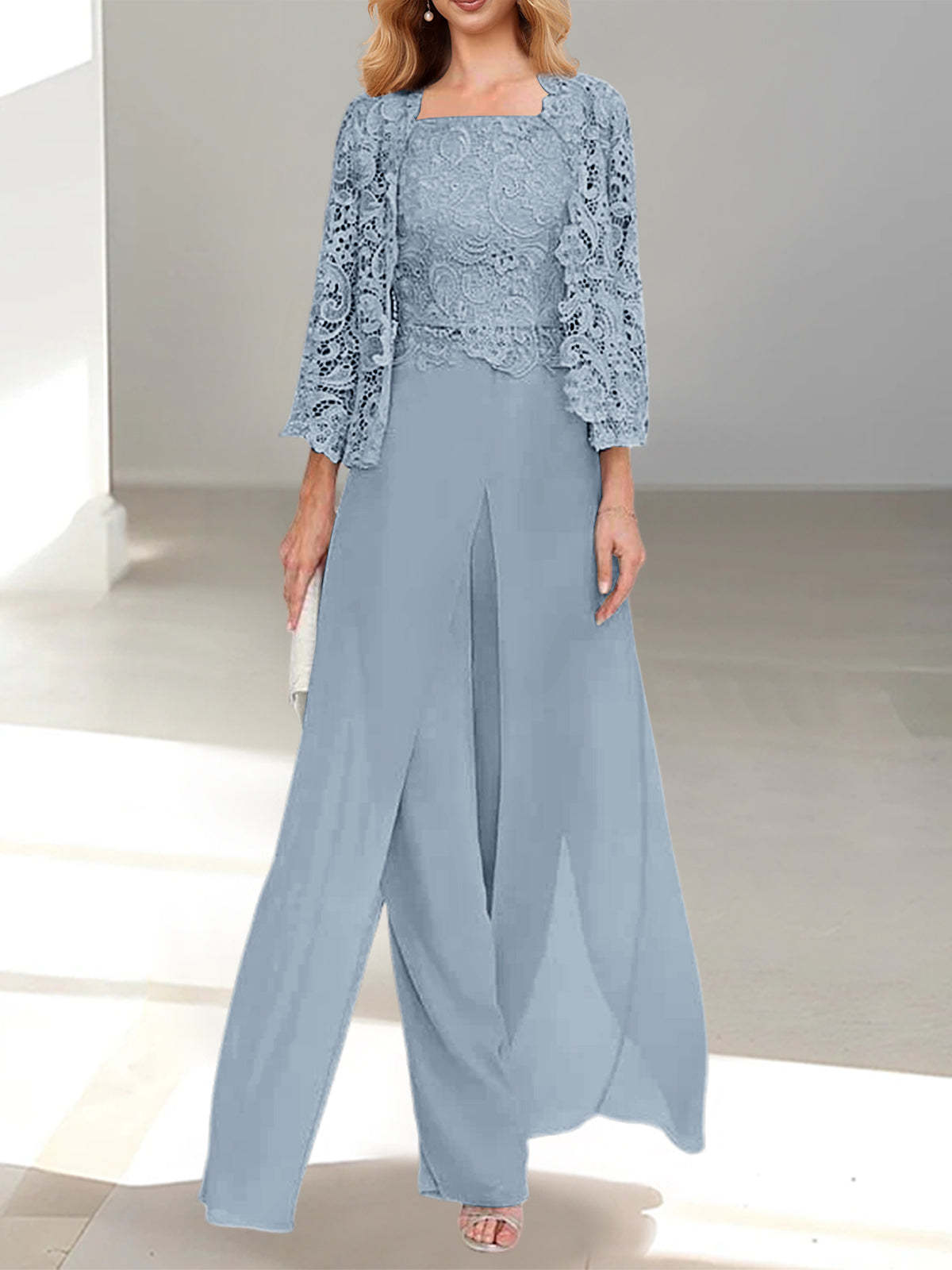 Floor-Length Square Neck Chiffon Mother of the Bride Pantsuit with Jacket & Side Split