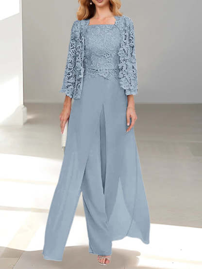 Floor-Length Square Neck Chiffon Mother of the Bride Pantsuit with Jacket & Side Split