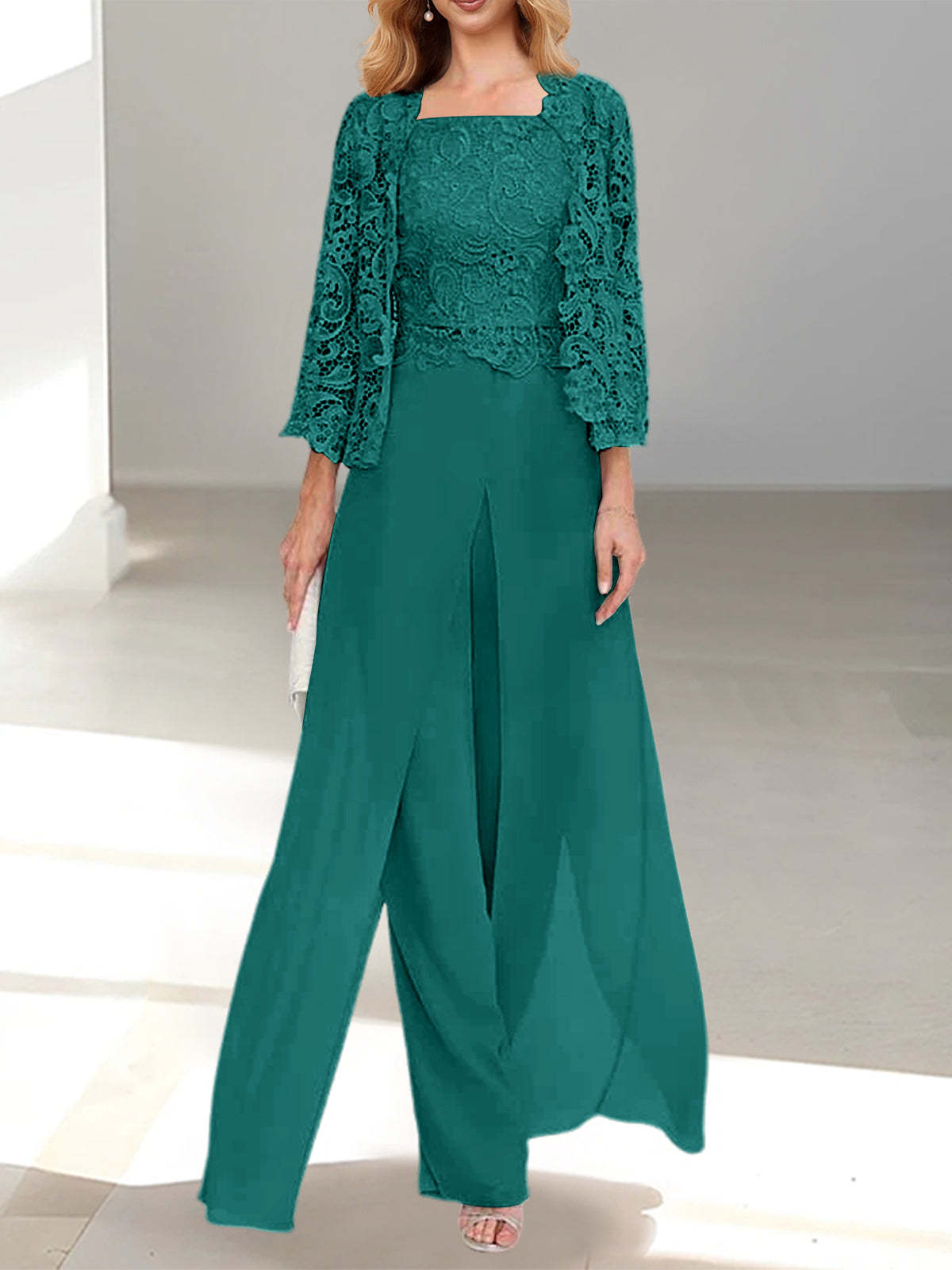 Floor-Length Square Neck Chiffon Mother of the Bride Pantsuit with Jacket & Side Split