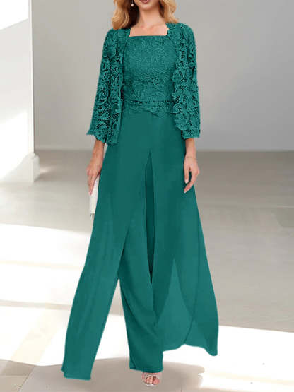 Floor-Length Square Neck Chiffon Mother of the Bride Pantsuit with Jacket & Side Split