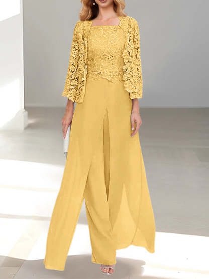 Floor-Length Square Neck Chiffon Mother of the Bride Pantsuit with Jacket & Side Split