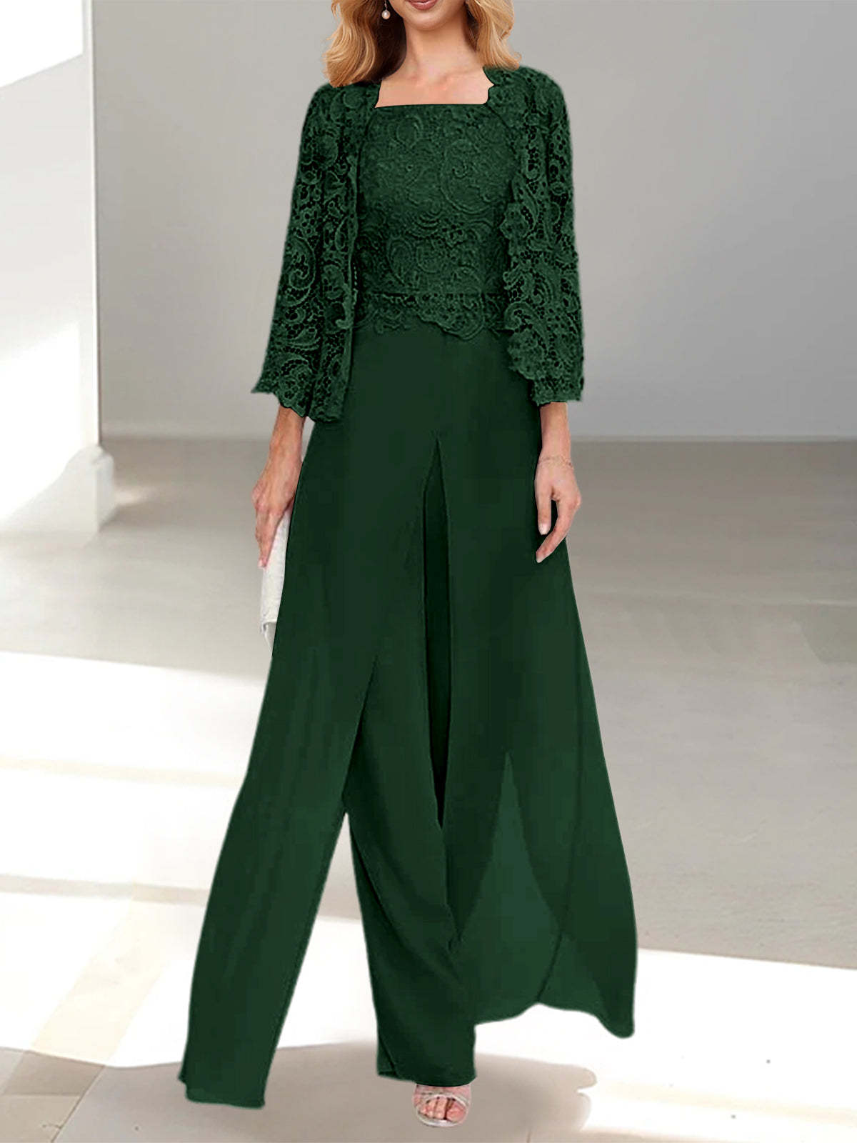 Floor-Length Square Neck Chiffon Mother of the Bride Pantsuit with Jacket & Side Split