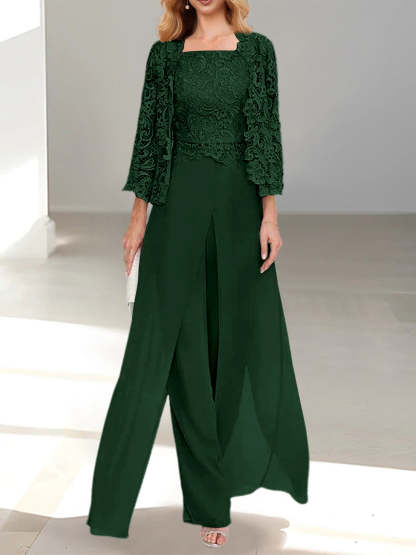 Floor-Length Square Neck Chiffon Mother of the Bride Pantsuit with Jacket & Side Split
