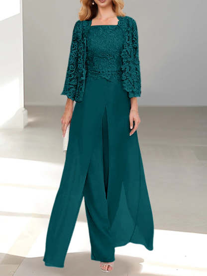 Floor-Length Square Neck Chiffon Mother of the Bride Pantsuit with Jacket & Side Split