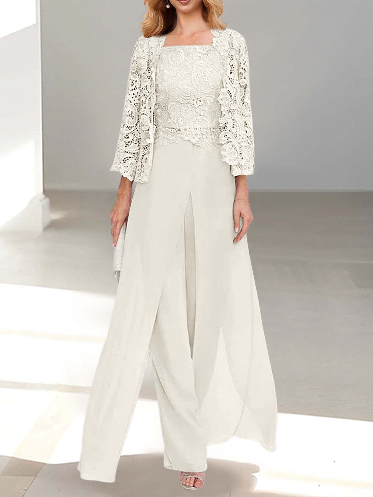 Floor-Length Square Neck Chiffon Mother of the Bride Pantsuit with Jacket & Side Split