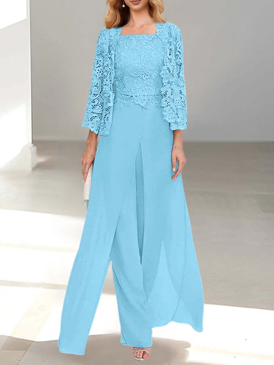 Floor-Length Square Neck Chiffon Mother of the Bride Pantsuit with Jacket & Side Split