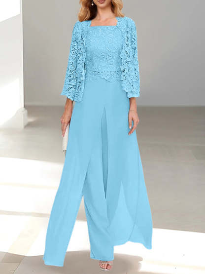 Floor-Length Square Neck Chiffon Mother of the Bride Pantsuit with Jacket & Side Split