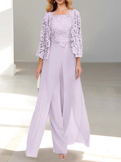 Floor-Length Square Neck Chiffon Mother of the Bride Pantsuit with Jacket & Side Split