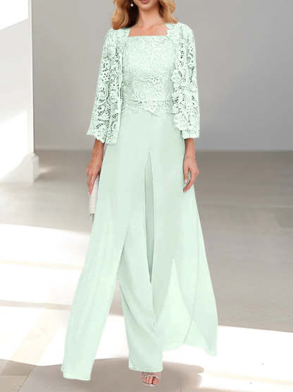 Floor-Length Square Neck Chiffon Mother of the Bride Pantsuit with Jacket & Side Split