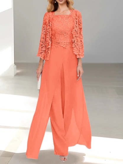 Floor-Length Square Neck Chiffon Mother of the Bride Pantsuit with Jacket & Side Split