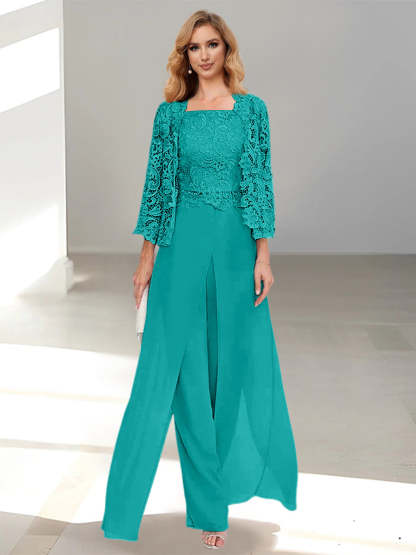 Floor-Length Square Neck Chiffon Mother of the Bride Pantsuit with Jacket & Side Split