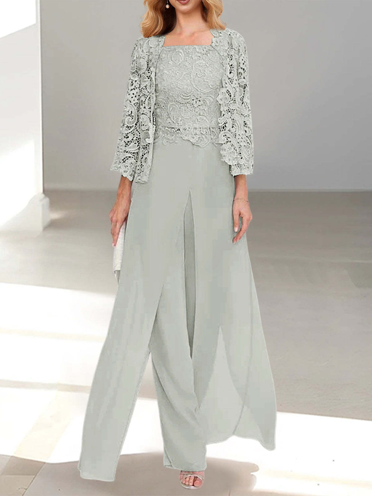 Floor-Length Square Neck Chiffon Mother of the Bride Pantsuit with Jacket & Side Split