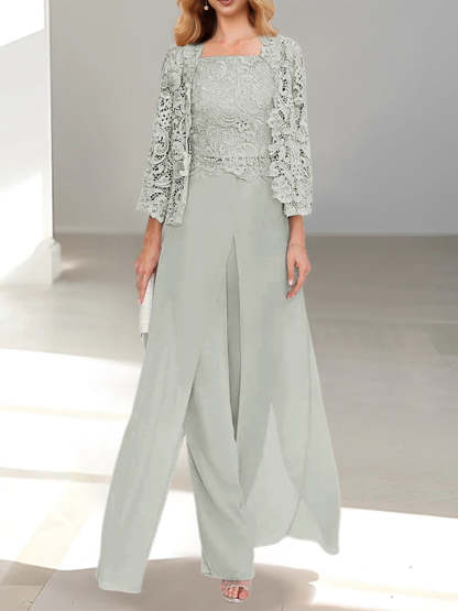 Floor-Length Square Neck Chiffon Mother of the Bride Pantsuit with Jacket & Side Split