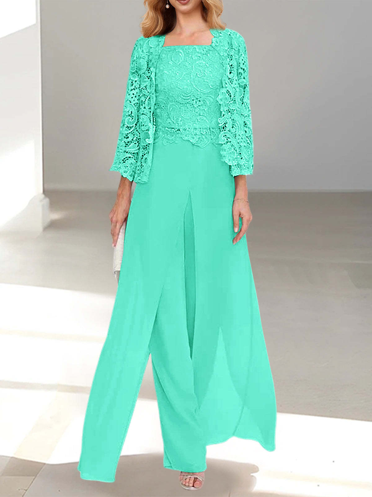 Floor-Length Square Neck Chiffon Mother of the Bride Pantsuit with Jacket & Side Split